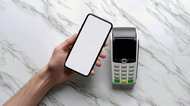 Hand holding a smartphone beside a card payment terminal