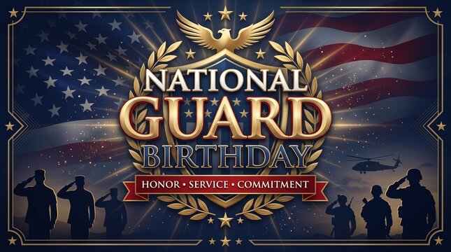 National Guard birthday emblem with saluting soldiers and American flag background design