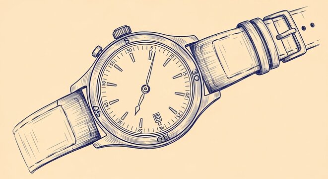 Hand-drawn wristwatch sketch with leather strap on beige background