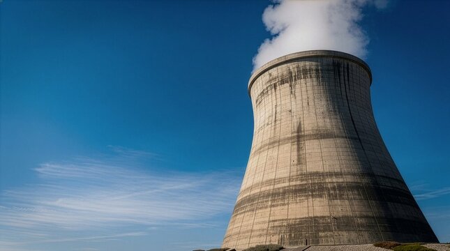 A weathered concrete cooling tower of a nuclear power plant emitting white steam vapor into a vast blue sky with wispy clouds, depicting industrial energy generation and utility concepts.
