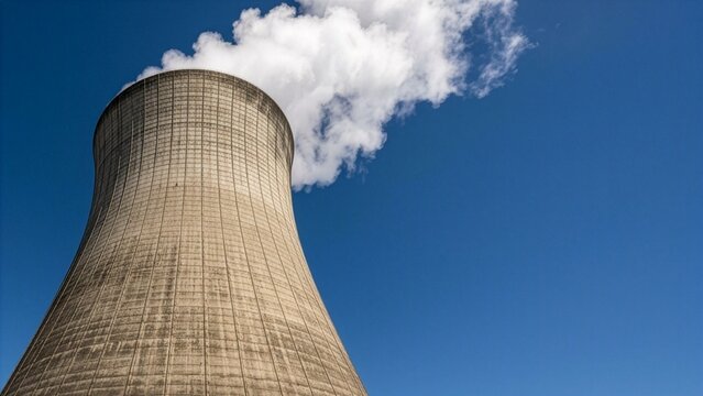 Nuclear power plant cooling tower releasing steam or water vapor into a clear blue sky, close up view of concrete hyperbola structure for industrial energy generation concept.
