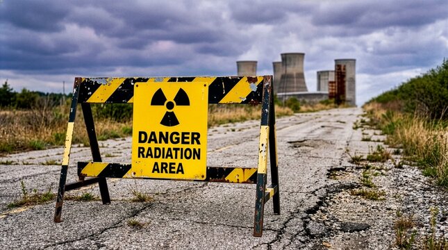Yellow danger radiation area warning sign on a barricade blocking an abandoned asphalt road leading to a decommissioned nuclear power plant with cooling towers under a cloudy sky