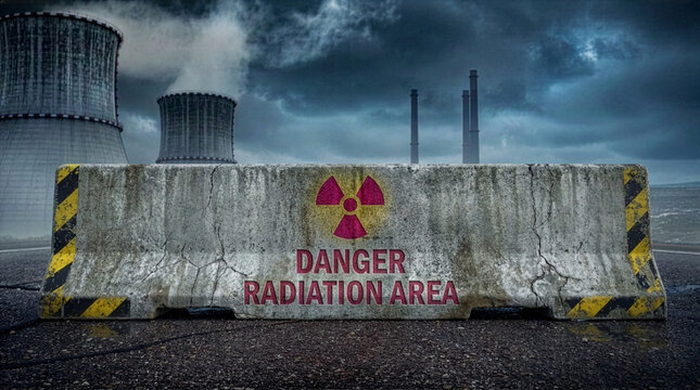 A cracked concrete barricade with a painted danger radiation area warning blocks a wet road leading to a dramatic nuclear facility with cooling towers under a dark stormy sky.