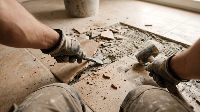 A construction worker wearing gloves removes broken floor tiles using a hammer and chisel.