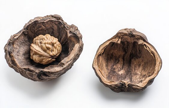 Two Halves Of A Cracked Nut Shell On White Background