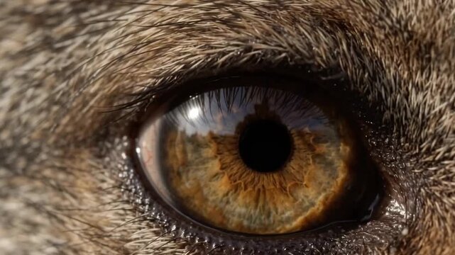 Extreme macro photorealistic cinematic footage of a realistic gray wolf's eye with a subtle green-gold iris
