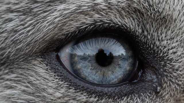 Extreme macro photorealistic cinematic footage of a wild wolf's eye with a pale hazel iris
