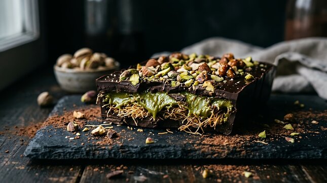 Luxury dark chocolate bar filled with crispy shredded phyllo pastry noodles and rich creamy emerald pistachio cream paste stuffing topped with chopped roasted nuts on moody dark background chocolate