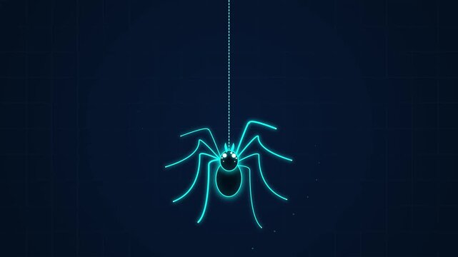 A glowing cyan neon spider hanging by a thread against a dark blue background.
