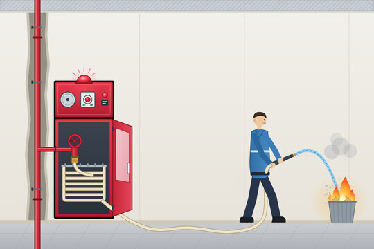Indoor fire hydrant cabinet with open door, angle hose valve, folded fire hose and riser pipe in wall cutaway, worker extinguishing a fire with a hose nozzle, vector illustration