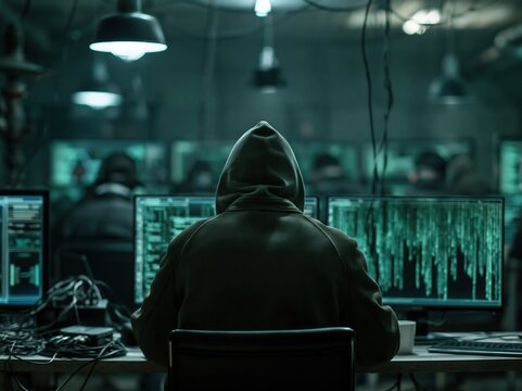 Hacker working on multiple monitors in a dark room