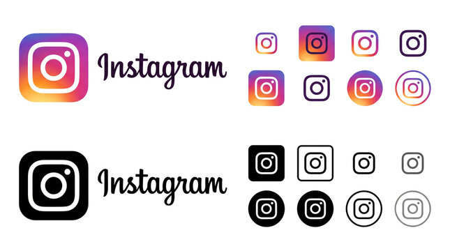 instagram logo with name script set, camera app brand identity social network logos editorial illustration collection