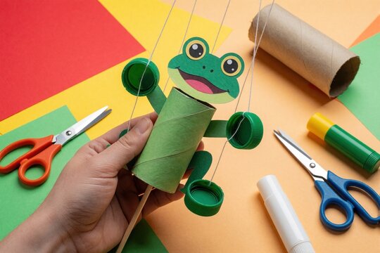 Person holds green frog marionette puppet made from recycled cardboard tube, bottle caps. DIY craft project with scissors, glue stick, colorful paper on table. Kid making homemade toy using eco