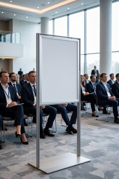 Blank white information sign stands in modern conference hall. Business people in suits sit in audience during seminar meeting. Sleek metal display board provides copy space for announcement, promo,