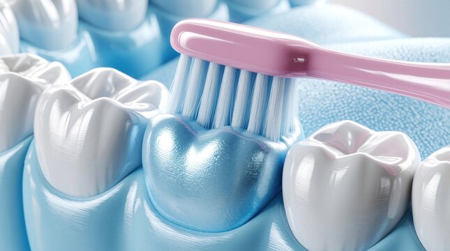 Pink toothbrush cleans white teeth with blue fluoride gel. Dental care concept shows tooth protection, hygiene. Close up view of molar brushed to prevent cavities, maintain oral health. Prevent tooth