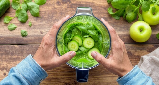 Top view of a person holding a plastic blender jar filled with green smoothie, spinach leaves, and cucumber slices on a rustic wooden table with fresh apples and greens, lifestyle.