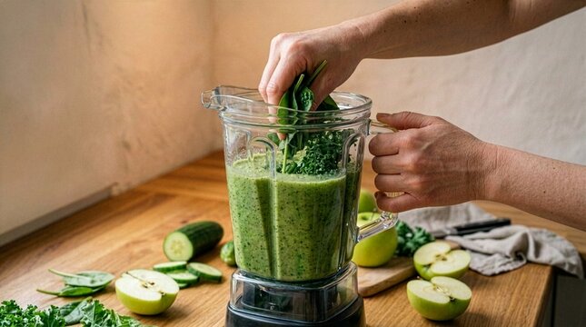 Side view of a person pushing fresh green spinach and kale leaves into a glass blender filled with healthy detox smoothie juice on a wooden kitchen counter with apple and cucumber.