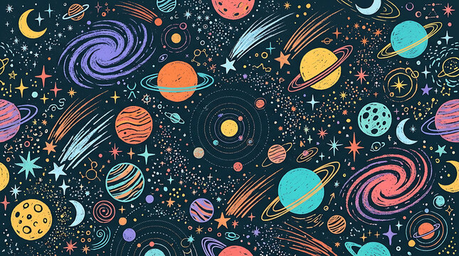 Hand drawn space pattern with colorful planets stars comets and spiral galaxies