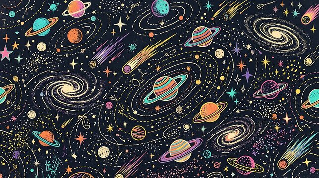 Colorful cosmic space illustration with planets galaxies and comets on dark background