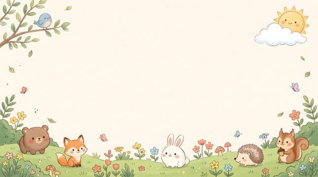 Cute woodland animals forest background illustration featuring fox bear rabbit squirrel hedgehog and bird in a grassy meadow with flowers and sun.
