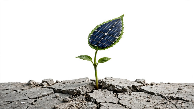 Solar panel leaf growing from cracked dry earth on white background