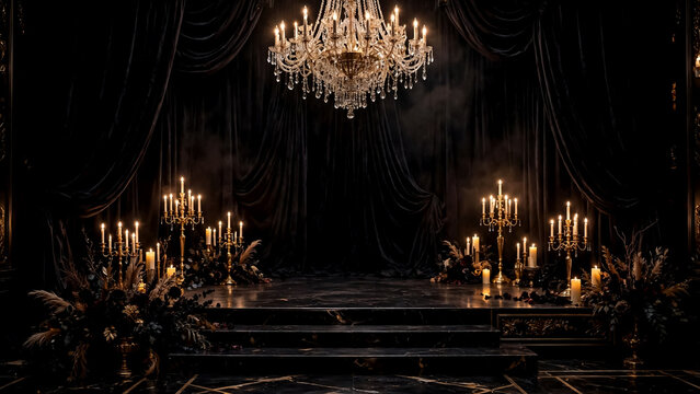 Grand crystal chandelier above dark stage with glowing candles and velvet curtains
