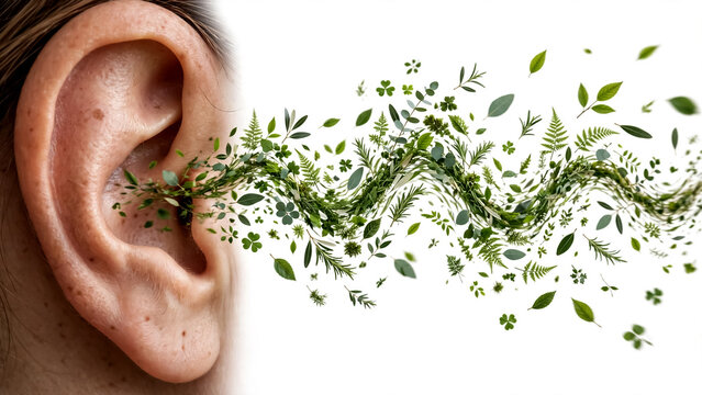 Human ear listening to flowing green leaves forming a natural sound wave