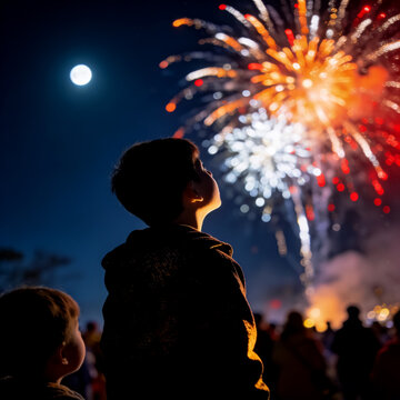 Children watching bright colorful fireworks display under full moon in night sky