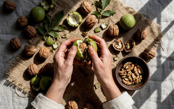 Hands peeling fresh green walnuts on burlap with scattered nuts and wooden bowl