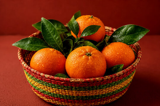 Fresh oranges with green leaves in woven basket on dark red background