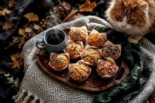 Fluffy muffins with hot coffee and ginger cat on cozy autumn blanket