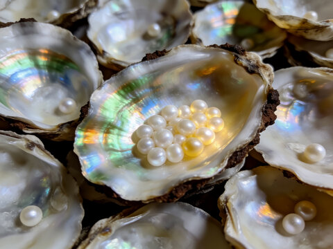 White pearls inside iridescent oyster shells arranged in a cluster on dark background