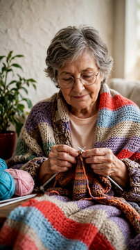 Senior woman knitting with colorful yarn wearing a cozy striped wool blanket