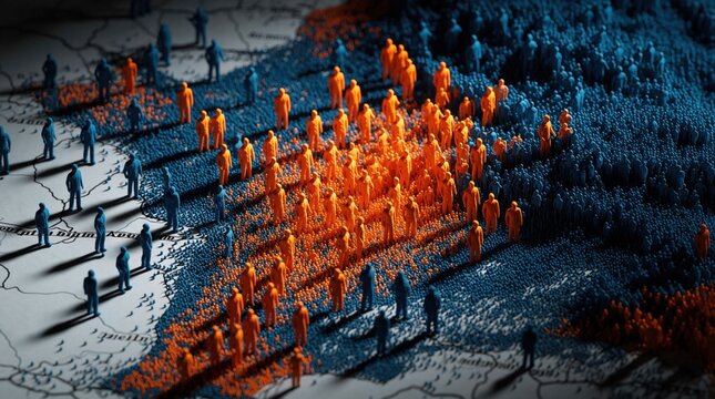 Miniature people figures stand on colorful map showing population density. Orange, blue crowds represent demographic data, urban growth. Small human models illustrate migration patterns, social