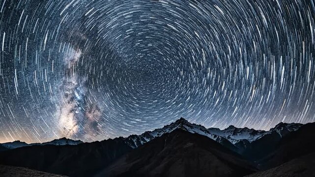 Star trails forming luminous circular patterns in the dark night sky above rugged snow capped mountain peaks.