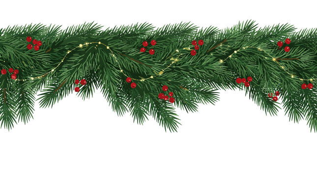 Pine garland with red berries and lights for holiday decorations  