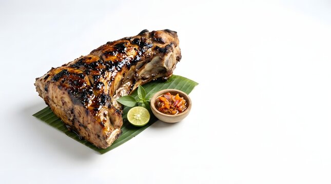 Charred grilled tuna jaw with sweet soy glaze, sambal, lime and basil on a banana leaf, with copy space.