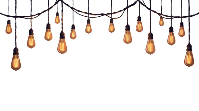 String lights hanging with warm bulbs on black wires against white  