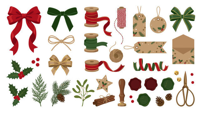 Holiday decorative elements including bows, ribbons, and tags  