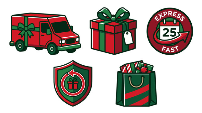 Holiday delivery truck with gift icons and express shipping symbols  