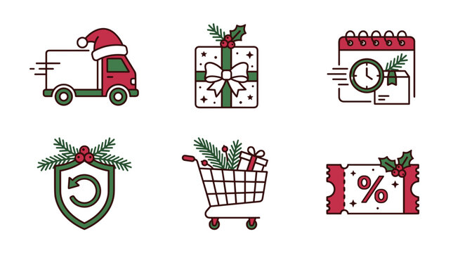 Delivery truck with Christmas hat and gifts in festive icons  