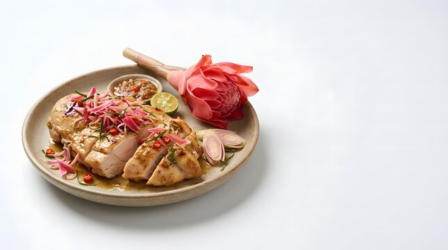 Sliced grilled chicken with pink torch ginger salad, sambal, lime and lemongrass on a ceramic plate, with copy space.