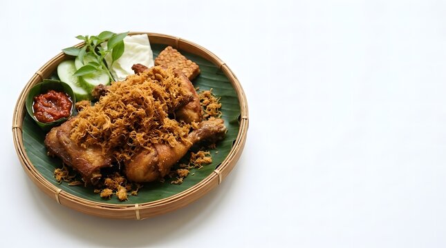 Indonesian fried chicken topped with crispy galangal flakes, served with sambal, tempeh and fresh vegetables on a bamboo tray.