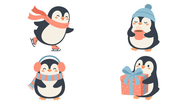 Cute cartoon penguins in winter activities with gifts and drinks  