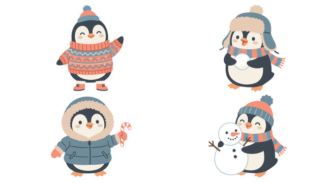 Cute cartoon penguins in winter clothing engaging in snowy activities  