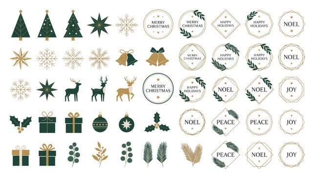 Christmas holiday decorations including trees, gifts, and ornaments  