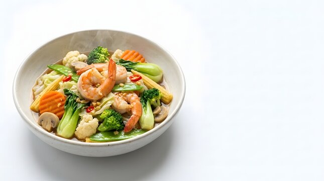 Indonesian capcay stir fried shrimp and mixed vegetables with broccoli, bok choy and baby corn in a ceramic bowl.
