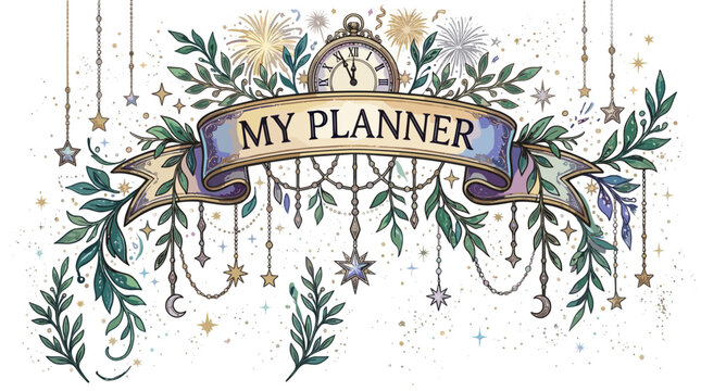 Decorative planner illustration with leaves, stars, and clock design  
