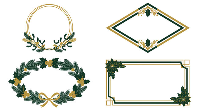 Decorative floral frames with gold accents and green leaves  