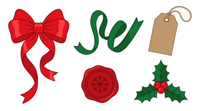 Red Christmas bow, green ribbon, gift tag, holly leaves, and wax seal  
